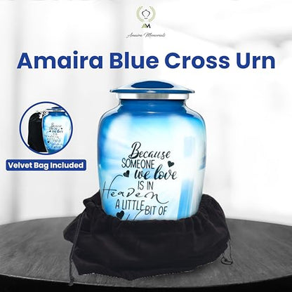 Urns for Human Ashes Adult, Large Cremation Urn for Men & Women, Handcrafted Metal Urn with Secure Lid for Funeral & Burial (Blue Cross - 220 Cubic Inches) - color: Blue Cross