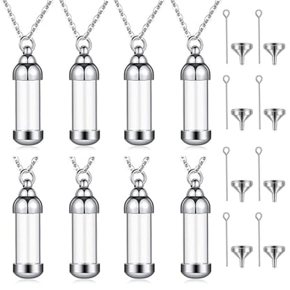 weikui Vial Necklace Glass Vial Pendant Set of 8 Stainless Steel Glass Container Urn Necklace for Ash Cremation Jewelry Ashes Holder Memorial Pendant ﻿ - color: Silver