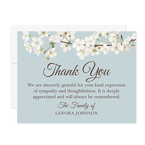 White Floral Cherry Blossom Sympathy Thank You Cards, Blue-Gray & White