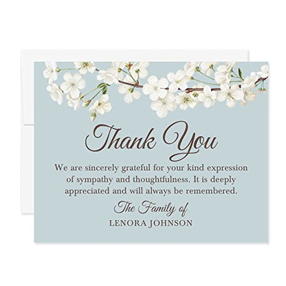 White Floral Cherry Blossom Sympathy Thank You Cards, Blue-Gray & White
