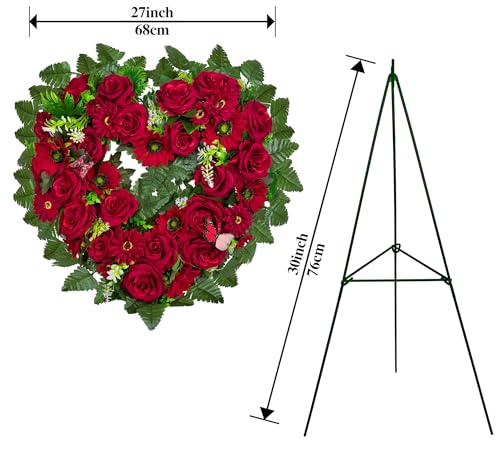 Cemetery Wreaths - Ebullient Remembrance Standing Heart, Grave Wreath with 30 Inch Easel Stand,Memorial Floral-Red Rose