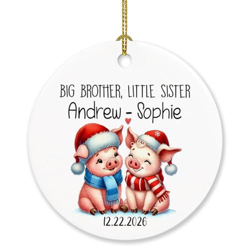 Big Brother & Little Sister Pig Ornament, Personalized Names Date Big Brother Ornaments, Cute Pig Brother Sibling Ornament Christmas Tree, Custom Baby Brother 2026 Xmas Ornament Gifts for New Brother - color: Big Brother & Little Sister #3 Ornament