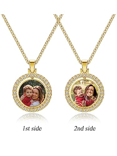 PiercingJ Customized Double-Side Photo Necklace Custom Picture Pendant Chain Personalized Cubic Zirconia Hip Hop Jewelry Gift for Men Women with Gift Box - color: Gold-Round-1PC
