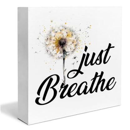Inspirational Quote Desk Wooden Sign Decor Just Breathe Square Wood Sign | Desk Decoration Positive Dandelion Quotes Wood Block Box for Shelf Home 5 x 5 Inches