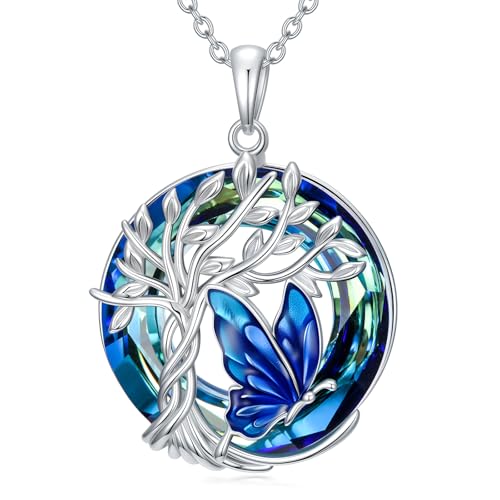 TOUPOP Butterfly Necklace for Women 925 Sterling Silver Tree of Life Butterflies Dragonfly Hummingbird Pendant Necklaces Crystal Jewelry Anniversary Christmas Birthday Gift for Her - color: Butterfly Blue