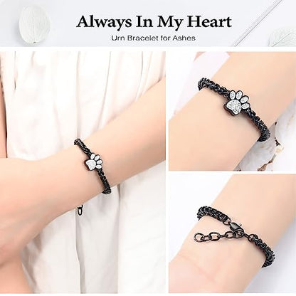 zeqingjw Urn Bracelet for Pets Ashes Pet Cremation Jewelry Stainless Steel Paw Print Pet Memorial Bracelet Pet/Dog's/Cat's Ashes Keepsake for Women Men - color: Black