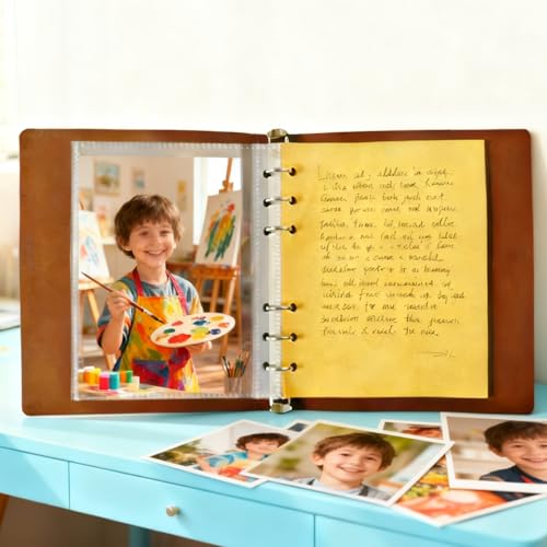 Photo Album 4x6, Leather Scrapbook Album with 50 Photos and 20 Writing Paper, DIY 6 Ring Binder Photo Album for Wedding Kids Birthday Family Travel - color: Transparent