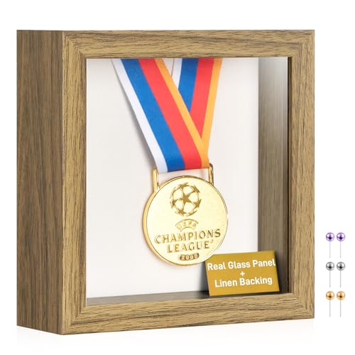 5x5 Small Shadow Box Frame with Ultra-Clear Glass & Soft Linen Back | With Push Pins, Deep 1.2" Brown Shadow Box Display Case – Display on Tabletop or Wall for Insect, Photo, Flower, Keepsakes - color: Brown+high Definition Panel + Shatter-proof Packaging