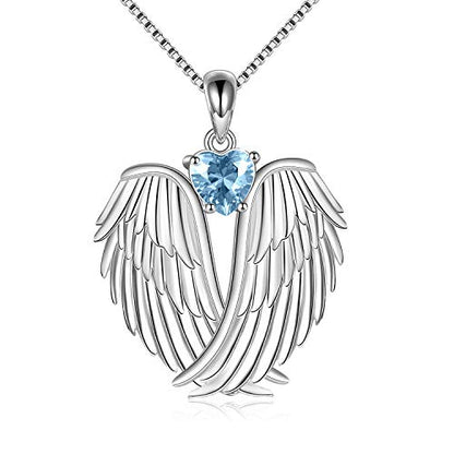 YFN Angel Wings Necklace 925 Sterling Silver Guardian Angel Wings Pendant Necklace Birthstone Necklace for Women Girls Christmas Jewelry Gifts - color: December-Blue