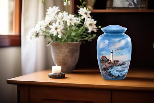 Lighthouse Urn - Full Size Portland Head Lighthouse Cremation Urn – Adult Urns for Men and Women – Ocean Blue Funeral and Memorial Urns for Human Ashes Upto 210 Lbs with Velvet Bag (Large)