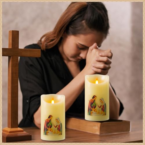 QQFCTOO LED Prayer Flameless Candle with Remote Timer, Battery Powered Candle, Religious Candle, Real Wax, for Home Altar, Church, Devotional ，6" x 3.2"(Holy Family Statue) - style: Holy Family Statue
