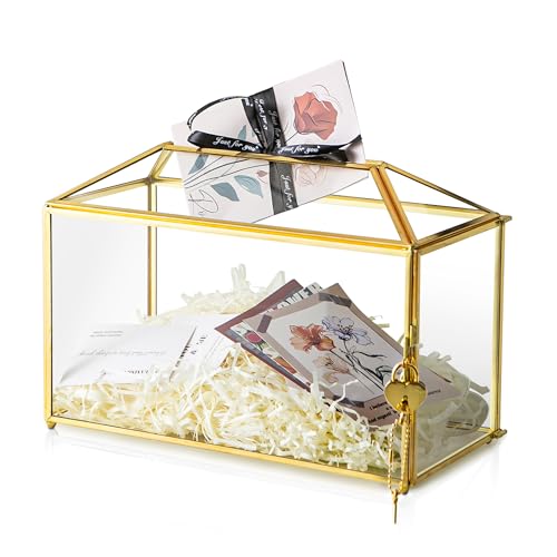 12.6" x 6" x 9" Wedding Card Box with Slot and Lock, Glass Card Holder for Party Reception, Centerpiece, Home Decorative, Gold (Glass Box Only) Slot Length 7.3 Inche - color: B-Big Gold Card Box with 12.6''