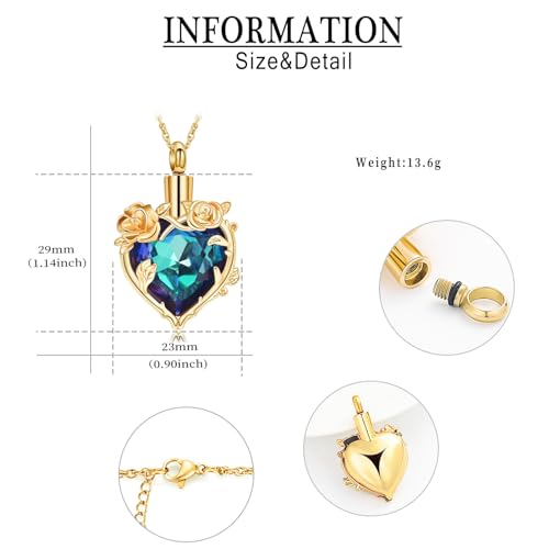 Cremation Jewelry for Ashes Rose Flower Urn Necklace with Crystal Heart Ashes Pendant Butterfly Necklaces for Women Men Memorial Keepsake Jewelry Gift - color: Gold-blue