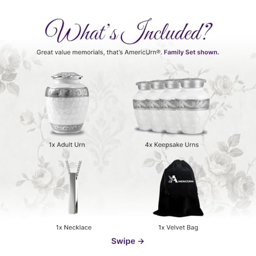 AmericUrn Custom Plaque White Patch Urns for Human Ashes Adult - Burial Urn Set of 7 with 1 Large urn, 4 Keepsake & Memorial Necklaces - color: White Patch Plaque Set
