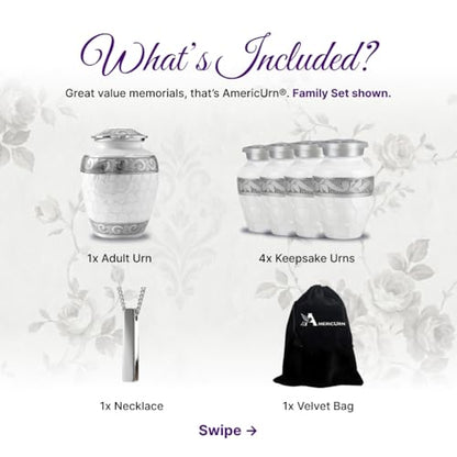 AmericUrn Custom Plaque White Patch Urns for Human Ashes Adult - Burial Urn Set of 7 with 1 Large urn, 4 Keepsake & Memorial Necklaces - color: White Patch Plaque Set