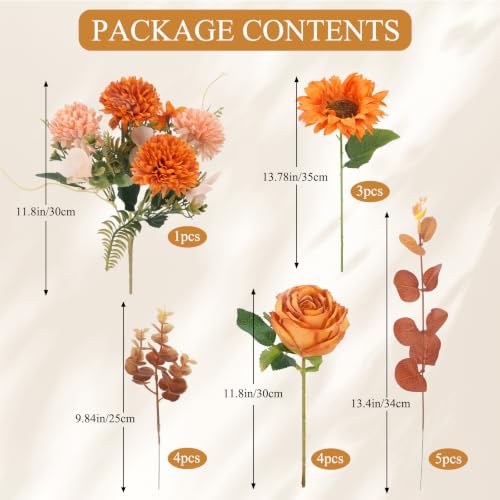 17PCS Fall Flowers Sunflowers Artificial Flowers Fake Rose with Mums - color: Orange