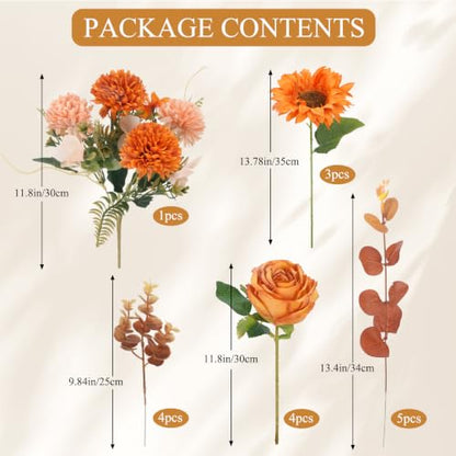 17PCS Fall Flowers Sunflowers Artificial Flowers Fake Rose with Mums - color: Orange
