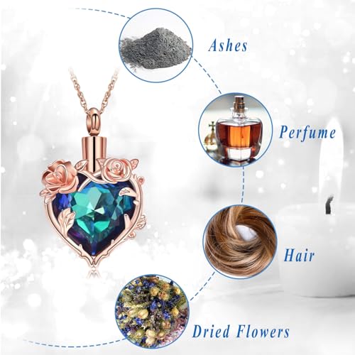 Cremation Jewelry for Ashes Rose Flower Urn Necklace with Crystal Heart Ashes Pendant Butterfly Necklaces for Women Men Memorial Keepsake Jewelry Gift - color: Rose-blue
