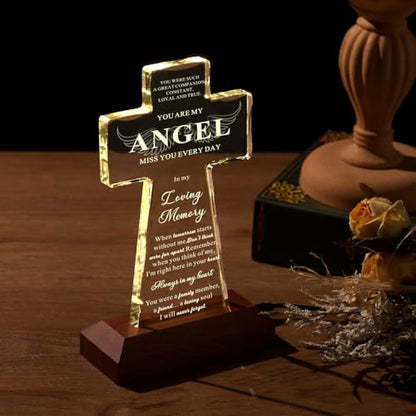 Bluebook Sympathy Gifts for Loss of Loved One - Angel Religious Crystal Cross 4.7x7.9 Inch,Memorial Gifts for Loss of Mom Dad,Condolences Bereavement Remembrance Gift in Memory of Pet Dog Cat - style: LED Glass Cross-Angel Lights