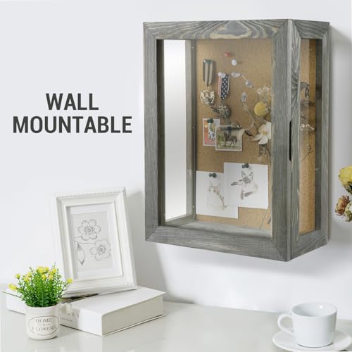 MyGift 11x15 Deep Shadow Box Frame, Display Case Wall Mount for Picture, Heirloom, Home Office Décor, Wedding & Military Memorabilia Display, Solid Wood, Clear Acrylic, Magnetic Lock, Grey | Magnetic Closure, Clear Front Panel, Keepsakes Memorbilia Displa