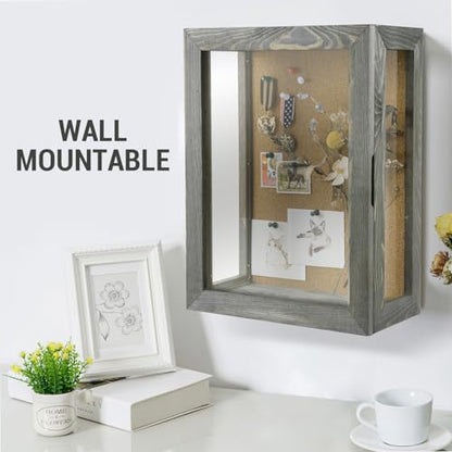 MyGift 11x15 Deep Shadow Box Frame, Display Case Wall Mount for Picture, Heirloom, Home Office Décor, Wedding & Military Memorabilia Display, Solid Wood, Clear Acrylic, Magnetic Lock, Grey | Magnetic Closure, Clear Front Panel, Keepsakes Memorbilia Displa