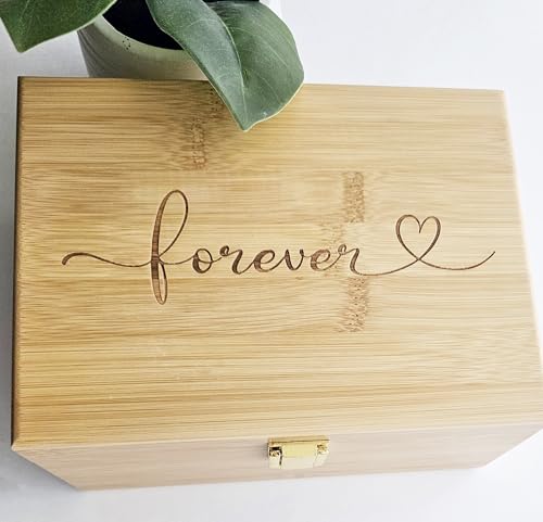 Engraved Bamboo Keepsake Box – ‘Forever’ Heart Design Memory Box for Photos, Letters, Jewelry – Wooden Gift Box for Wedding, Anniversary, or Home Decor (Forever)