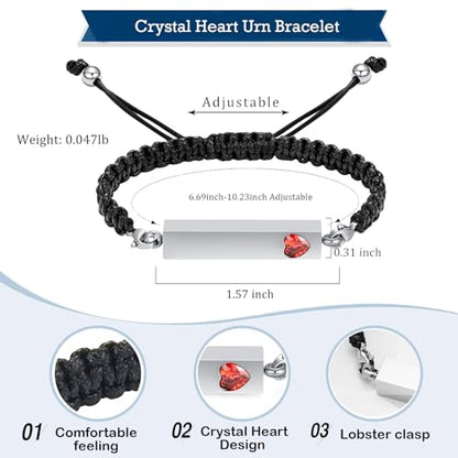 Hearbeingt Crystal Heart Cremation Jewelry Bar Urn Bracelet for Ashes - color: Silver-Red stone