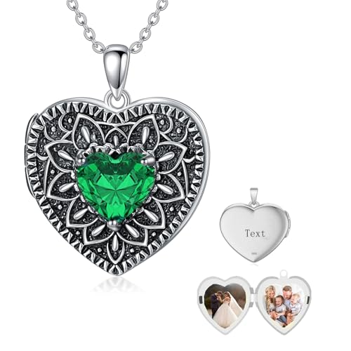 Heart Photo Locket Necklace 925 Sterling Silver Birthstone Gemstone That Holds 2 Pictures Locket Necklace Jewelry Gifts for Mother Women Mom Mother's Day Christmas Birthday - style: 05-May- Emerald-Customize
