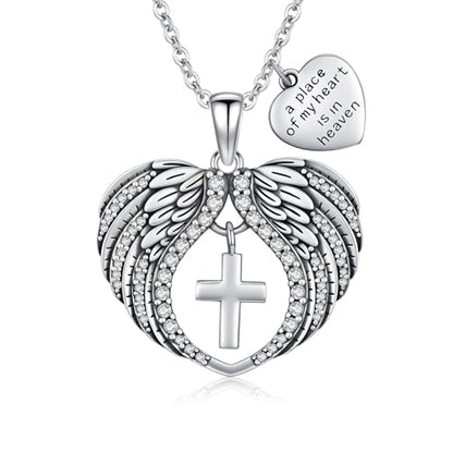 TUGHRA Memorial Necklace for Women Men, Angel Wings Heart Pendant 925 Sterling Silver A Piece of My Heart Is In Heaven Charm Necklace Sympathy Gift - style: 03-Cross Angel Wings