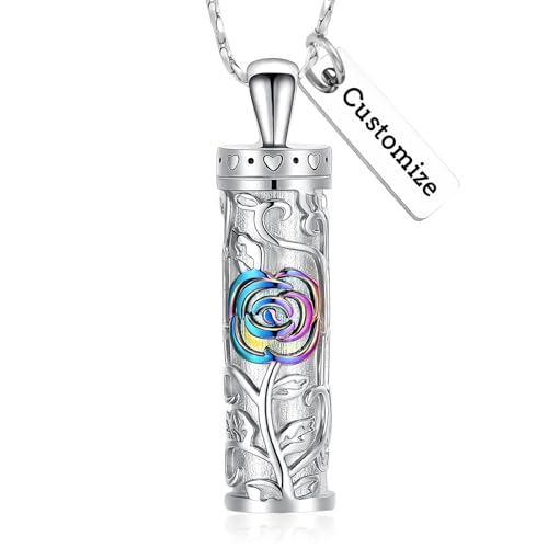 Rose Flower Urn Necklace Cylinder Bar Urn Necklace for Ashes Pendant Necklace Keepsake for Ashes Memory Keepsake Cremation Jewelry for Women Memorial - color: Customize