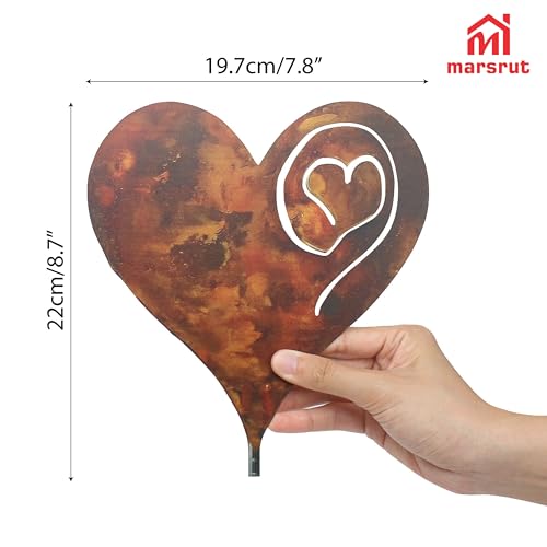 Marsrut Heart Garden Stake, Metal Garden Rusted Heart Pillar, Heart-Shaped Inserted Love Stakes for Use in ihe Plant Yard Garden, Made of Metal, 14Ga Thickness, Ony Heart, No Post Included