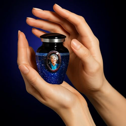 Blue Galaxy Photo Urn for Human Ashes – Personalized Cremation Tribute with Portrait, Name & Dates, Starry Sky Memorial Keepsake, Made in USA (Blue, Small) - size: Small