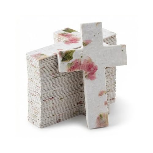 24 Pink Cross Plantable Memorial Gift Tags | Writable wildflower seed tags for funeral favors, sympathy gifts, memorial services, and celebration of life keepsakes - color: Blossom Ivory, style: Cross