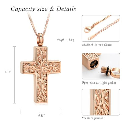 XSMZB Cross Urn Necklace for Ashes for Women Men Tree of Life Cross Cremation Jewelry Keepsake Pendant for Ashes of Loved One - color: Rose Gold