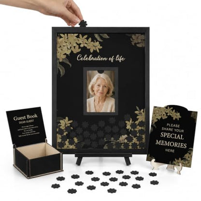 Geelin 56 Pcs Funeral Guest Book Alternatives Set for Memorial Service Elegant Celebration of Life in Loving Memory with 80 Pcs Box Heart Wooden Sign and Pens Funeral Supplies(Black) - color: Black
