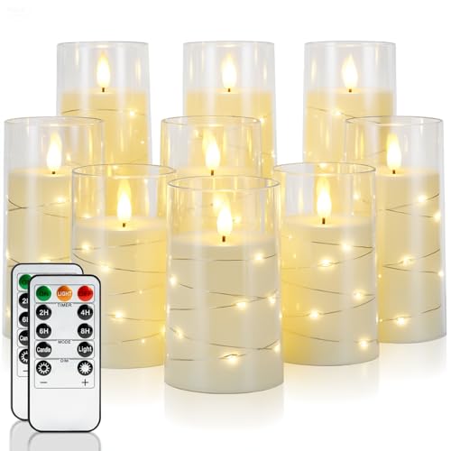 Homemory 9 Pcs Flameless Candles with Embedded Star String Fairy Lights, Battery Operated Candles, LED Candle, Fake Candles with Remote Control and Timer (Ivory) - color: Ivory, size: D3"x H5"5"5"6"6"6"8"8"8"