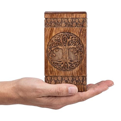 Wooden Cremation Urn for Human Ashes, 20 Cu in, Keepsake, Rosewood | Hand-carved solid sheesham rosewood, screw-locked sliding base, engraving available, holds a small share of ashes, to 20 lb - color: Rosewood, size: Keepsake - 3.50Hx2.00W (6.50 Cu/In)