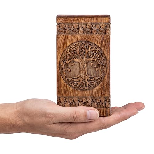 Wooden Cremation Urn for Human Ashes, 20 Cu in, Keepsake, Rosewood | Hand-carved solid sheesham rosewood, screw-locked sliding base, engraving available, holds a small share of ashes, to 20 lb - color: Rosewood, size: Keepsake - 3.50Hx2.00W (6.50 Cu/In)