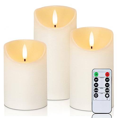Homemory Flickering Flameless Candles, Realistic LED Candles with Remote and Timer, Textured Wax with Water Ripple, Battery Operated Wax Candles, Set of 3, Ivory - color: Ivory Wax, size: 3"x4"5"6", Textured