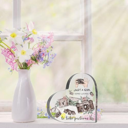 Photographers Gifts for Women, Photo Lovers Birthday Gifts, Camera Themed Paperweight Friendships Gifts for Besties, Desk Table Decor for Girls, Just a Girl Who Loves Acrylic Sign - style: Just a girl like to take pictures