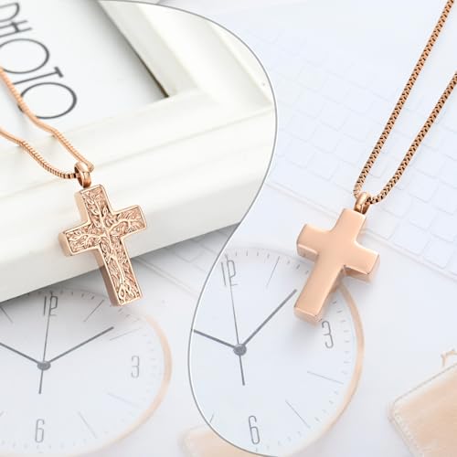 XSMZB Cross Urn Necklace for Ashes for Women Men Tree of Life Cross Cremation Jewelry Keepsake Pendant for Ashes of Loved One - color: Rose Gold