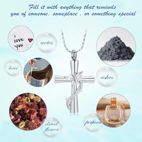 Butterfly Cross Urn Necklace for Ashes Birthstone Cremation Jewelry for Men Women Ashes Pendant Keepsake Memorial Ash Jewelry - color: Silver-White