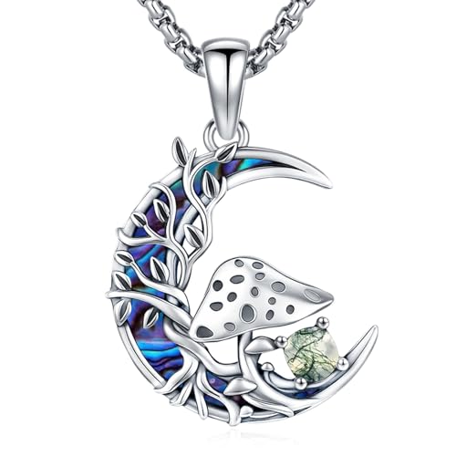 Sterling Silver Tree of Life Necklace for Women Oval Family Tree Necklace Abalone Shell Moonstone Pendant Mother Day Necklace for Mom Tree of Life Jewelry - style: Tree of Life-Mushroom-Moss Agate