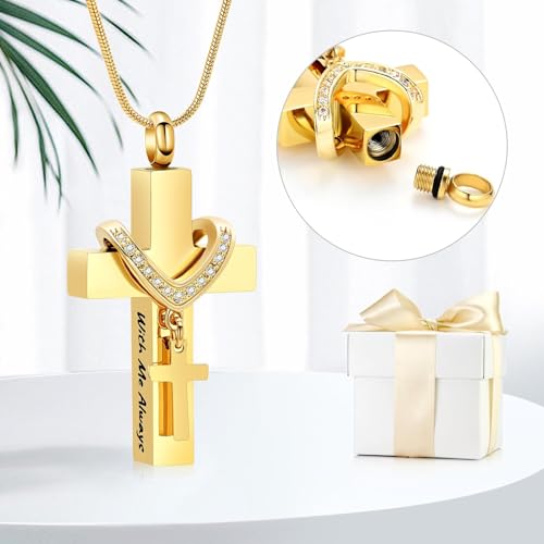 shajwo Cross Urn Necklace for Ashes Birthstone Rose Flower Cremation Jewelry for Women Gilrs Keepsake Memorial Ashes Pendant - color: B-Gold