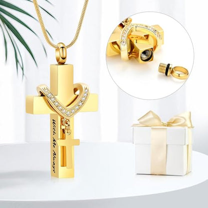 shajwo Cross Urn Necklace for Ashes Birthstone Rose Flower Cremation Jewelry for Women Gilrs Keepsake Memorial Ashes Pendant - color: B-Gold