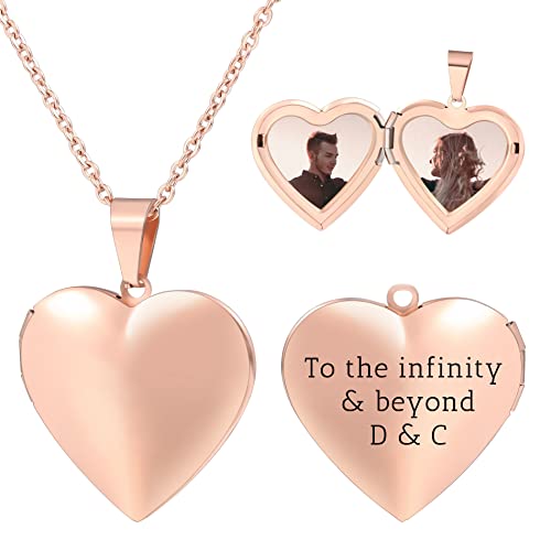 Personalized Heart Locket Necklace for Women with Picture Custom Inside Engraved Text Silver/Gold/Rose Gold Photo Locket Stainless Steel Memorial Gifts for Mom Daughter Grandmother - color: E3: Custom Text (Rose Gold)