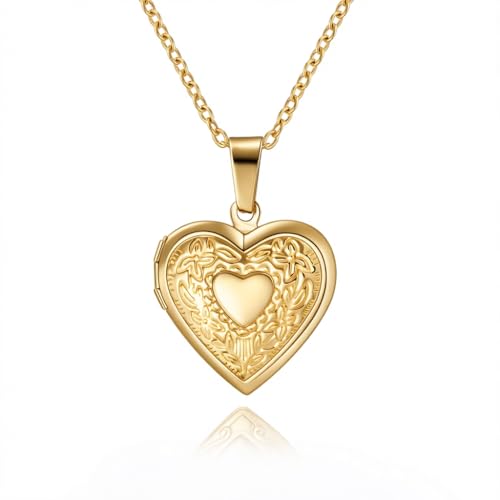 Rnivida Flowers Heart Locket Necklace for Women, Hold Photo Pictures Locket, 18 Inches - color: Gold - small heart