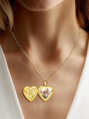 FindChic Locket Necklace for Women Custom Photo Memorial Gifts Multi-Shaped - color: Gold-Embossed Heart