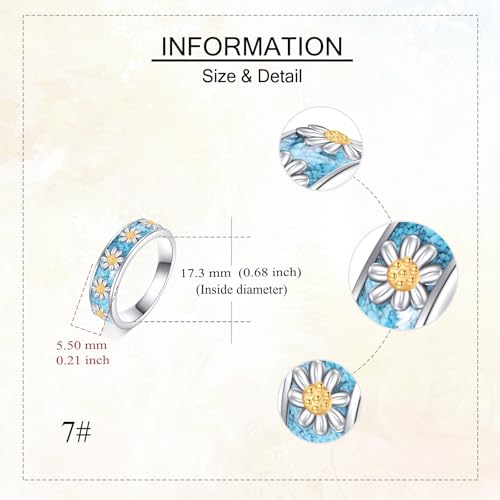 ONEFINITY Turquoise Rings S925 Sterling Silver Turquoise Ring Jewelry Gift For Women Men - size: 7, style: Daisy