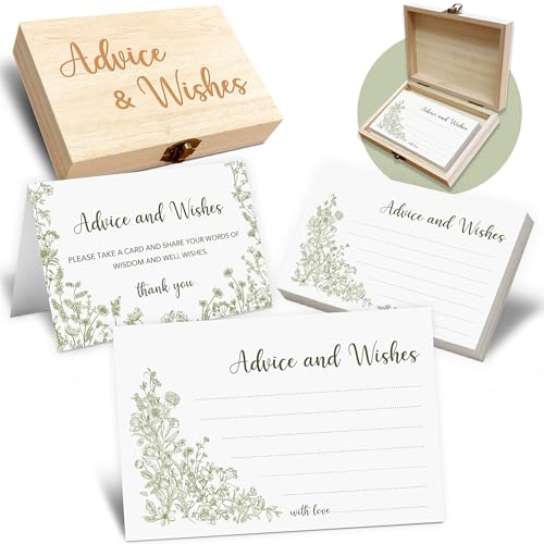 Advice and Wishes Cards Box - 50 Pcs Wedding & Baby Shower Advice Cards, Well Wishes Box for Graduation, Christmas, Birthday Party Decorations, Bridal Shower Games(Sage Green) -A05 - color: Sage Green, size: Set with Wooden Box